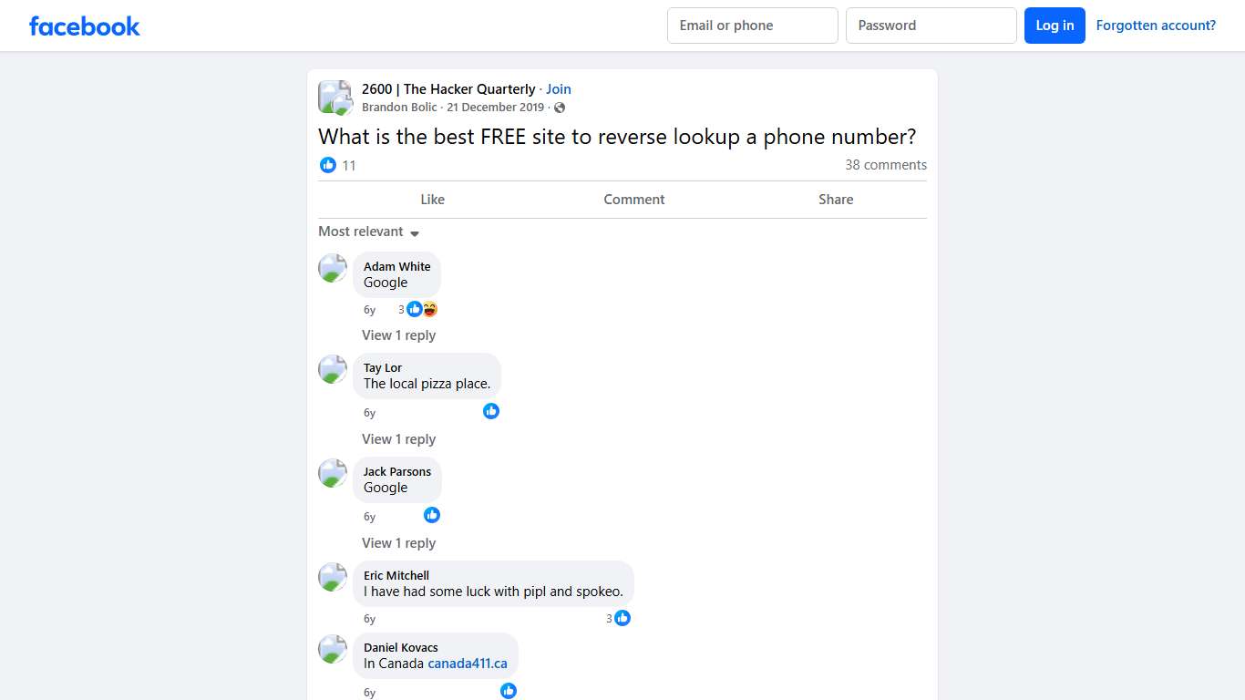 2600 | The Hacker Quarterly | What is the best FREE site to reverse lookup a phone number | Facebook